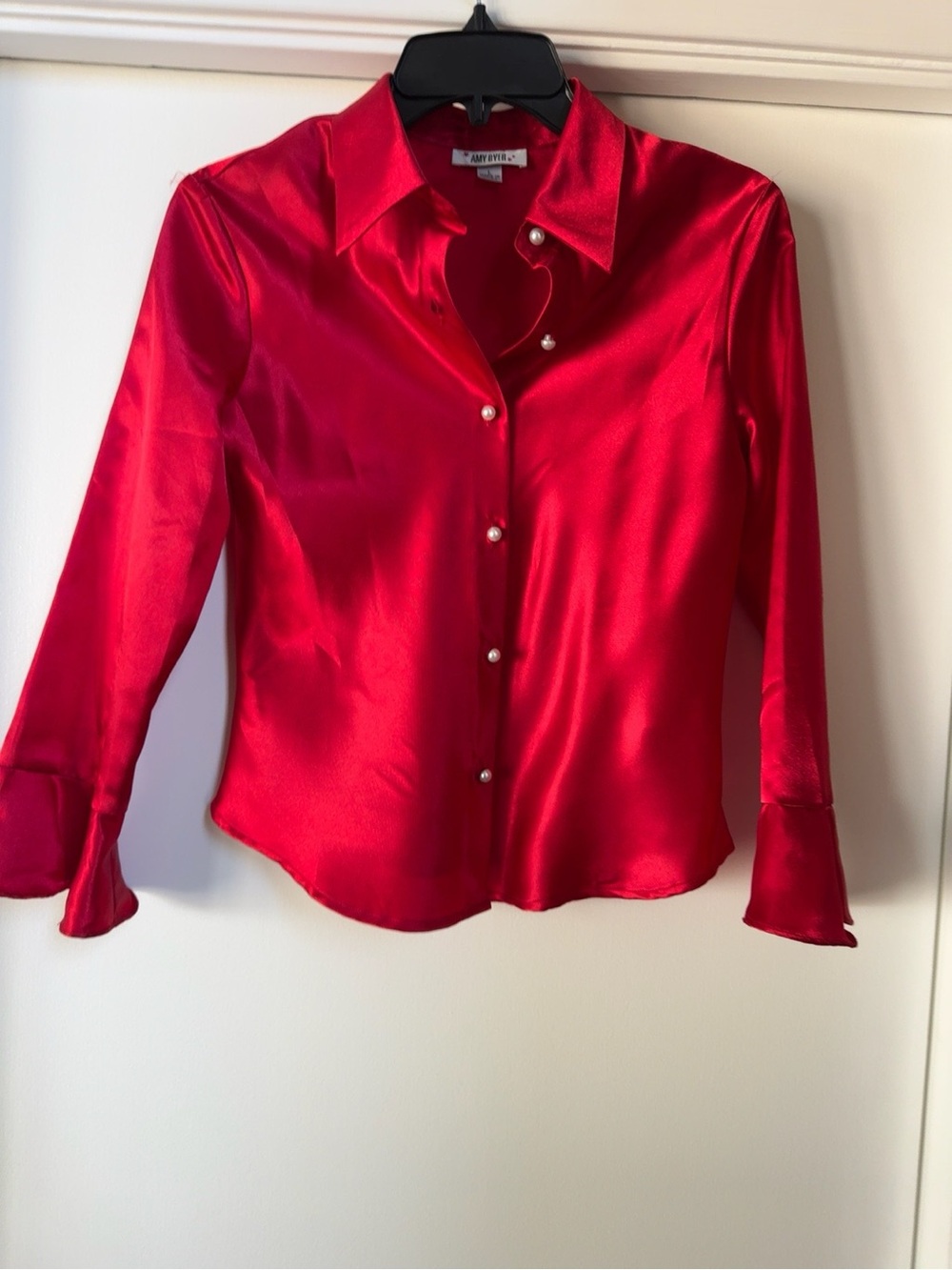 Amy Byer Girls Red Satin Pearl Button Blouse Size L